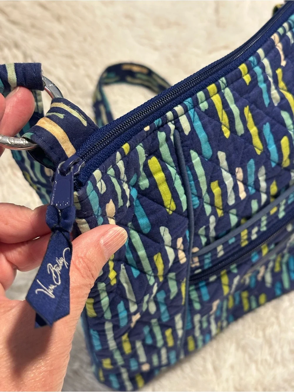 Vera Bradley Navy, Teal, Lime & White Patterned Crossbody with Coin Pouch